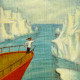 Illustration of buisnesswoman on prow of ship looking out for icebergs