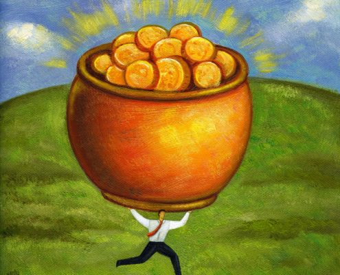 Illustration of businessman holding giant pot of gold