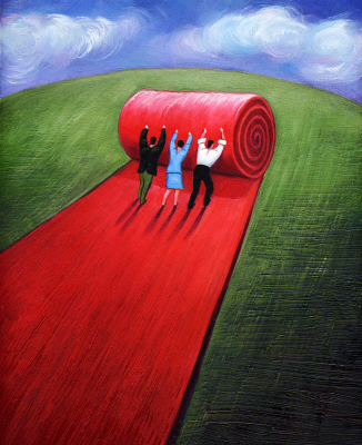 Illustration of people rolling out a red carpet