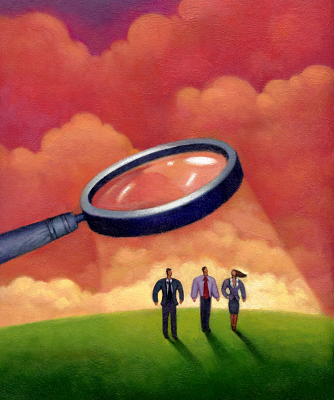 Illustration of three people standing underneath a magnifying glass