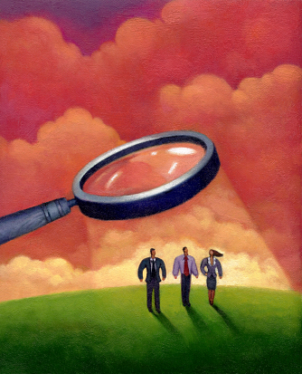 Illustration of three people standing underneath a magnifying glass