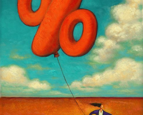 illustration of woman holding a balloon shaped like a percent symbol