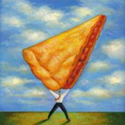 Illustration of business person holding a giant slice of pie