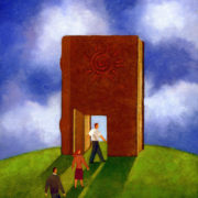 Three business people walking through a door in a giant book
