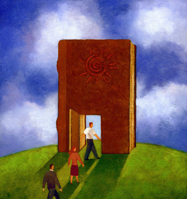 Three business people walking through a door in a giant book