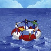 Illustration of businesspeople on a life raft in open water
