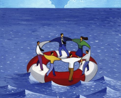 Illustration of businesspeople on a life raft in open water