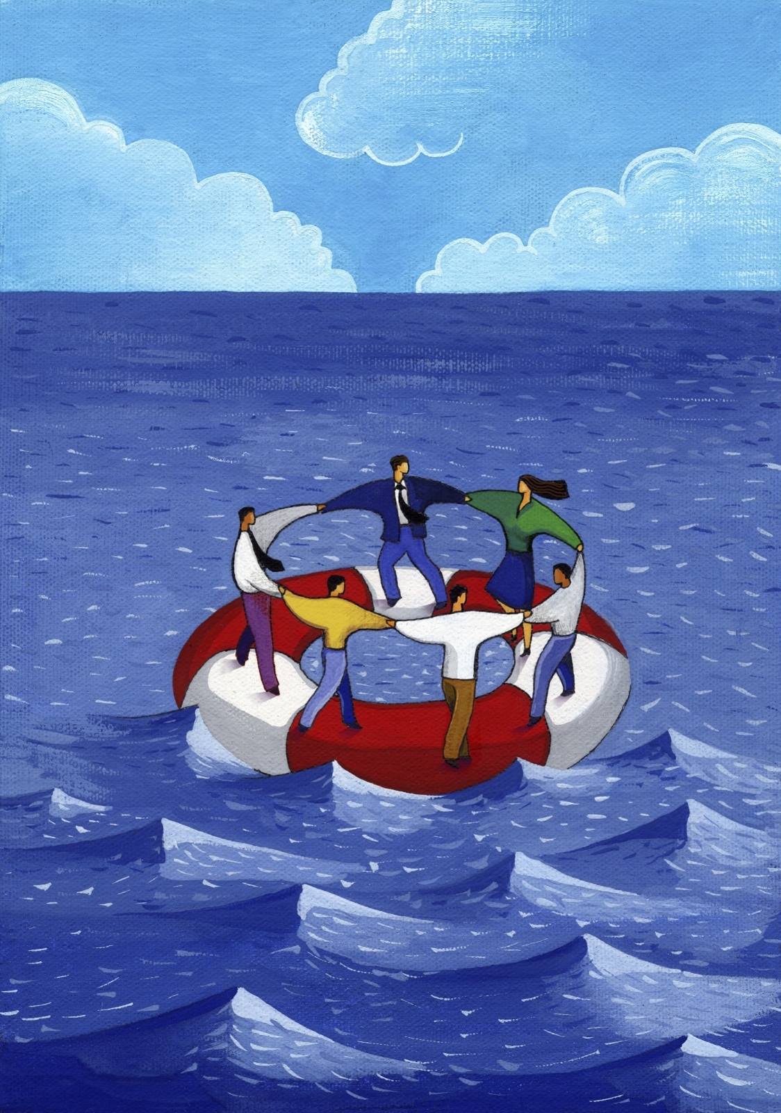 Illustration of businesspeople on a life raft in open water