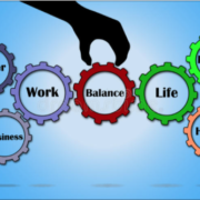 illustration of gears labeled work, balance, and life