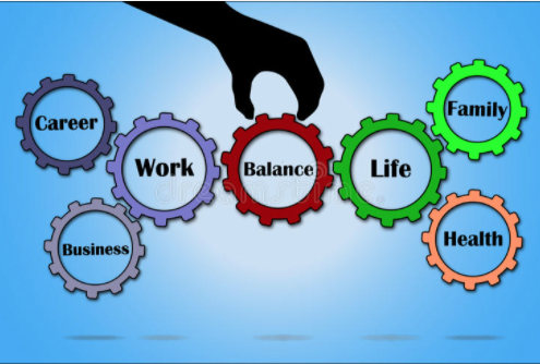 illustration of gears labeled work, balance, and life